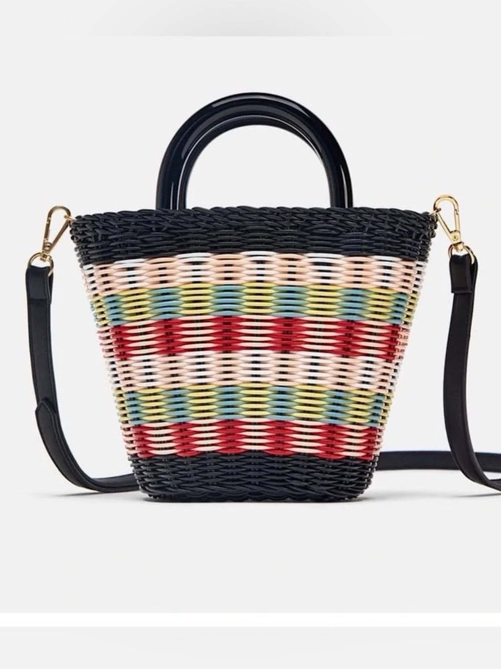 Zara Small Multicolor Striped Woven Wicker Resin Handle Drawstring - Picture 3 of 9